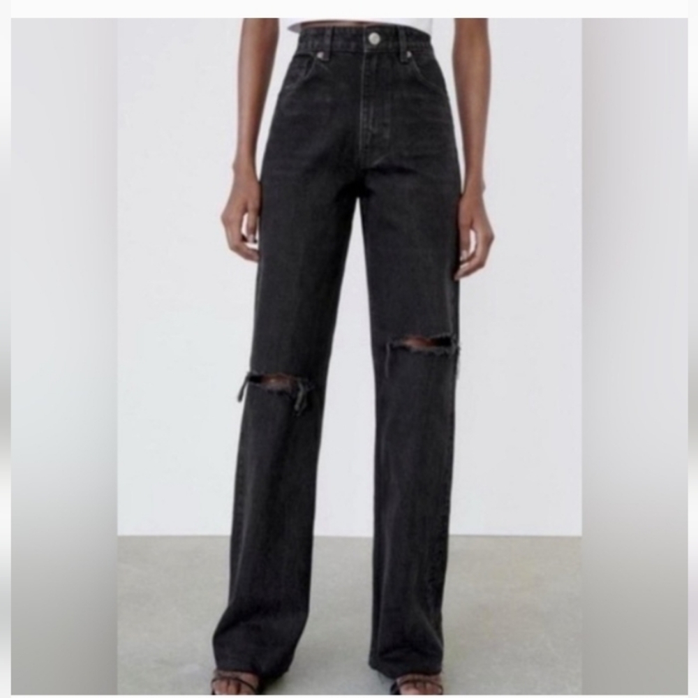 Zara Black High Waist Distressed Jeans Sz-4
